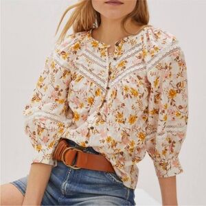 Anthropologie Cream Floral Lace-Trim Peasant Blouse